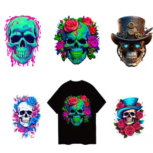 Factory wholesale heat transfer garment labels popular new design skull labels custom dtf heat transfer design for t-shirt