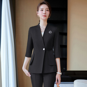 Women's Mid Sleeve Collarless Suit Jacket Pink Pants Set Anti Wrinkle Spring Autumn Style Elegant Office Wear - Product Image 3