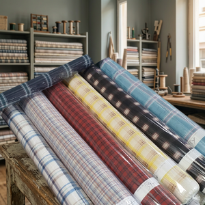 Tissu extérieur léger et extensible 100 % coton 30s-40s Slub (aspect lin) à rayures et carreaux pour filles et garçons - Product Image 3