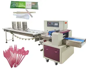 automatic Disposable plastic cutlery sets fork spoon tissue chopstick pillow packing wrapping machine
