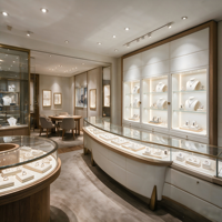 Vitrine à bijoux ronde en bois, en cuir blanc et en verre pour bijouterie