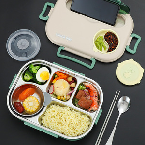 304 Stainless Steel <b>Lunch</b> <b>Box</b> With Soup Bowl Compartment Bento <b>Box</b> For Kids And Adults Rectangle Shape Plastic Lid Cartoon - Product Image 1