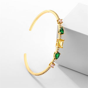 RAKOL BP5167 Women's <b>Adjustable</b> 18K <b>Gold</b> Plated Baguette Green Cubic Zirconia Paved Heart Open Bangle Fashion Jewelry - Product Image 3