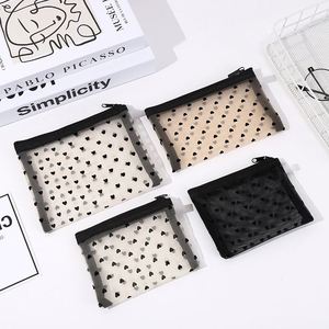 Heart Print Mesh Makeup Bags, Mini Cosmetic Wash Bag Zipper Travel <b>Toiletry</b> <b>Storage</b> Pouch Organizer Plastic Nylon Pencil Bag - Product Image 1