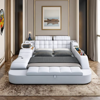 Hotte Vente Lit Intelligent de Luxe en Cuir, Lit Multifonctionnel Tatami King Size, Lit Capitonnée en Tissu Doux avec Rangement et Haut-Parleur Musical