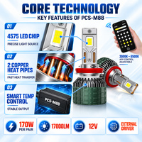 Phare LED intelligent PCS-M88 170W 17000LM avec application, puce 4575, double tube en cuivre, homologué DOT E-mark FMVSS H7 H11 9005 9006 9012 12V 24V