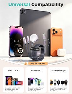 Câble de charge multi-appareils 3-en-2 pour montre et iPhone, en aluminium et nylon, connecteurs USB-A/USB-C, idéal pour les voyages, le camping, la croisière et l'utilisation en voiture - Product Image 3