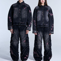 Ensemble de survêtement en jean personnalisé, pantalon et veste délavés, 2 pièces, veste en jean oversize à fermeture éclair, ensemble streetwear en jean, logo personnalisé, haute qualité