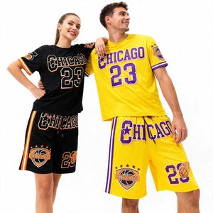 Nouvel ensemble deux pièces streetwear hip-hop été 2026 thème basketball Chicago – Survêtement athlétique en maille polyester avec t-shirt et short - Product Image 2