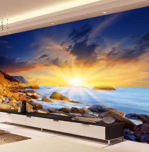 Tranquille côtier coucher de soleil 3d papier peint décoration de la maison Rocky Shore & Sunburst Relaxation murale personnalisée - Product Image 5