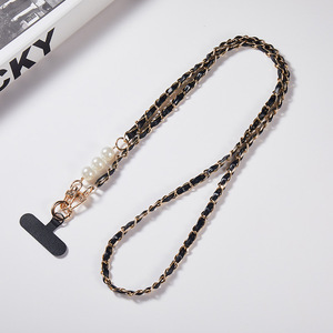 Sangle de poignet longue en perles anti-perte, en cuir PU tressé, chaîne métallique, étui de téléphone universel, cordon de téléphone portable - Product Image 6