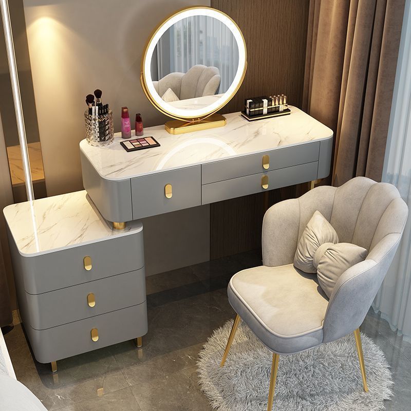 Mesa y mueble de 1 metro gris y dorado con silla de pétalos de espejo