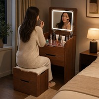 Table de toilette moderne en bois avec miroir LED et couvercle rabattable, meuble de maquillage multifonctionnel intelligent avec éclairage tricolore et tiroirs de rangement pour chambre à coucher