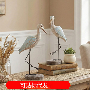 Mediterranean Style Wooden Bird Carving Ornament 2Pcs <b>Tabletop</b> Decor Vintage Figurine For Home Office Gift - Product Image 5