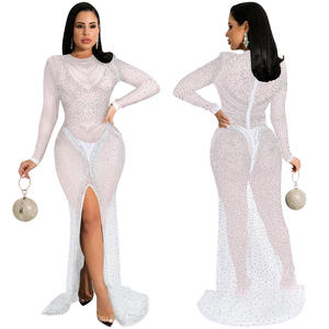 Sexy di lusso a manica lunga bianco Bling Club vedo attraverso abito da donna festa Maxi abiti da sera lunghi strass in Mesh - Product Image 4