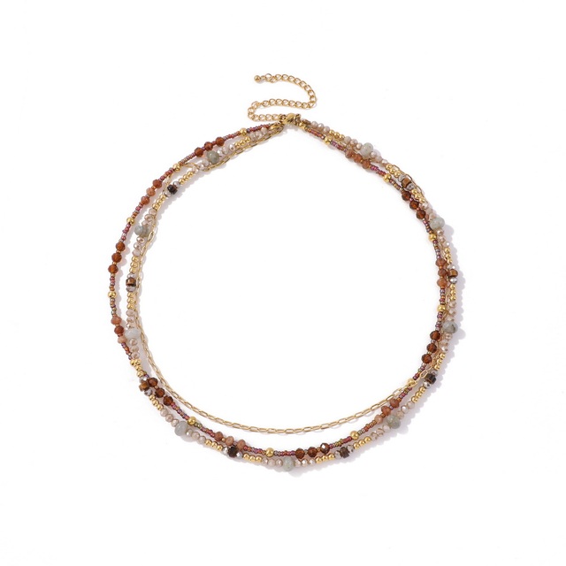 Boho Multi Layered Beaded Choker Necklace Brown Mixed Beads Stackable Stainless Steel Necklace for Women