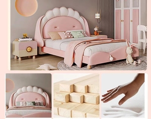 Juego de Dormitorio Infantil de Madera Maciza, Moderno, con Diván de Tamaño Completo, Tapicería de Algodón Cómoda, Color Rosa - Product Image 4