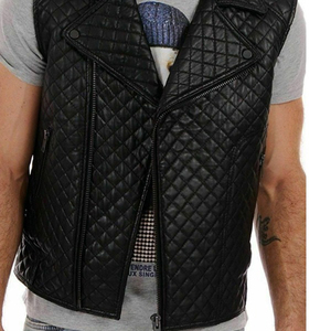 Chaleco de Cuero Genuino Acolchado con Diamantes para Hombre, Cuello Solapa, Cremallera Asimétrica, Estilo Biker, Sin Mangas - Product Image 2