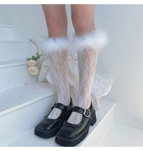 Chaussettes hautes sexy en plumes pour femmes, bas en dentelle Lolita, mignon, poilu, pour filles - Product Image 2