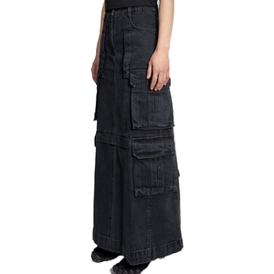 Y2K Revival Custom <span class=keywords><strong>Falda</strong></span> de mezclilla <span class=keywords><strong>negra</strong></span> extra larga para mujer-Estilo punk grunge con detalles desgastados y bolsillos utilitarios - Product Image 4