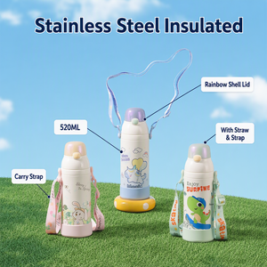 PINKAH Bouteille d'eau isotherme en acier inoxydable à double paroi de 520 ml pour enfants avec paille et couvercle à sangle pour l'école et les voyages - Product Image 1