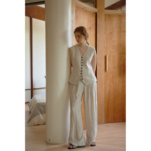 Pantalones de <span class=keywords><strong>Lino</strong></span> de Corte Bootcut, Estilo Vintage <span class=keywords><strong>Francés</strong></span>, Color Beige, con Rayas Verticales, Transpirables, para Verano - Product Image 2