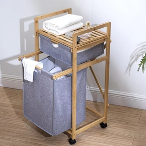 Modern Slim Collapsible Bamboo Large Double <b>Laundry</b> <b>Hamper</b> Foldable <b>with</b> Wheels <b>Lids</b> Handles Home Organizer - Product Image 5