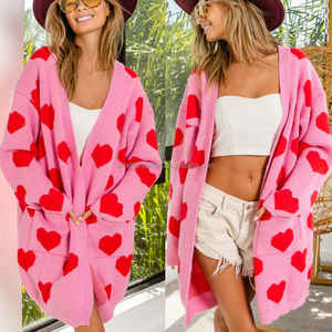<span class=keywords><strong>Valentine</strong></span> dễ thương tim Jacquard đan màu hồng dài tay áo cardigan Áo len phụ nữ với túi - Product Image 2