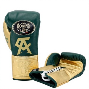 Guantes de Boxeo de Cuero con Cordones No Boxing No Life Pro, Color Verde Oscuro con Logotipo CA Dorado Metálico, Guantes de Entrenamiento de Kickboxing - Product Image 1