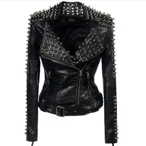 Jaqueta de couro de motocicleta, grande rebite, splice, para mulheres com mangas compridas, punk rock jacket