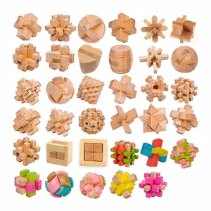 beech Ancient Chinese Educational Wooden Jigsaw Square Brain Toys Classic Party Game 3d wooden puzzle for Kids and Adults