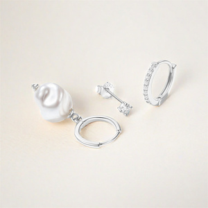 3 paires de boucles d'oreilles pour femmes, style simple et tendance, en argent sterling 925, avec diamants et perles, pour un look quotidien élégant. - Product Image 3