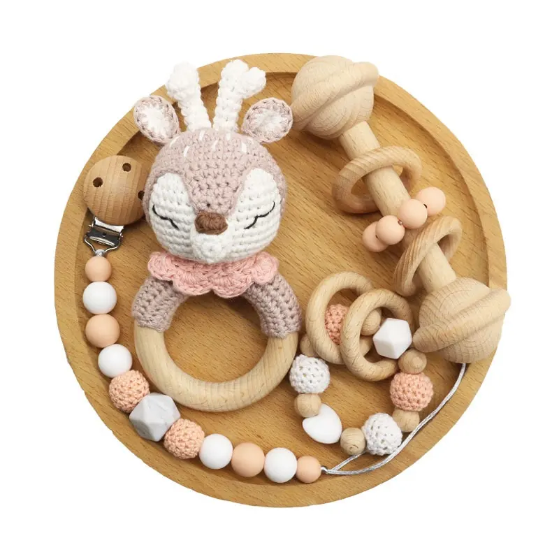 Kit de brinquedos para treinamento de bebê, mordedor sensorial, conjunto de brinquedos de crochê, de malha, animal, madeira, anel de mordedor infantil, grampos de chocalho, brinquedo