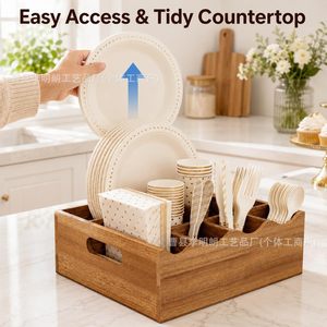 Boîte de rangement en bois pour couteaux et fourchettes avec poignée, pour cuisine, salle à manger, organisateur de collations, couleur unie, sans couvercle - Product Image 4