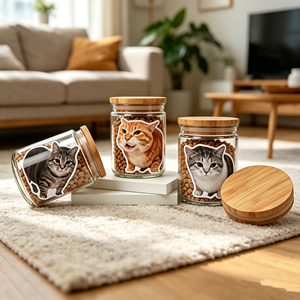 Custom Airtight Bamboo Lid Clear Cylinder <b>Glass</b> Jar Cute Cat Print Decal Moisture Proof Pet Food Storage <b>Container</b> for Dry Cat - Product Image 1