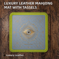 Tapis de Mahjong en Cuir de Luxe, Motif Oeil Maléfique Mystique, Antidérapant, Bordure à Pompons pour Jeu de Mahjong