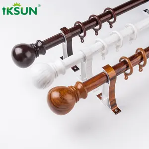 IKSUN 28mm lujo decorativo salón montaje en pared grano <span class=keywords><strong>de</strong></span> <span class=keywords><strong>madera</strong></span> aluminio doble barra <span class=keywords><strong>de</strong></span> cortina conjunto con soporte <span class=keywords><strong>de</strong></span> remates - Product Image 1