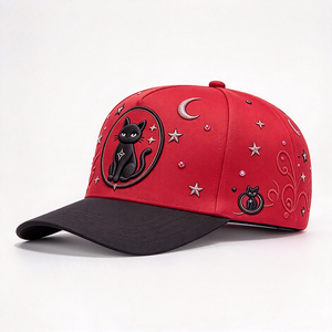 Gorra de Béisbol de 5 Paneles de Perfil Alto de Algodón Sarga con Bordado 3D en Relieve Negra para Decoración de Diamantes de Imitación de Estrellas, Lunas y Celestiales al por Mayor - Product Image 2