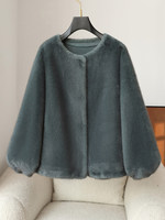 Manteau d'hiver élégant et chaud en fausse fourrure épaisse 100 % polyester à col rond pour femme, couleur unie, style urbain