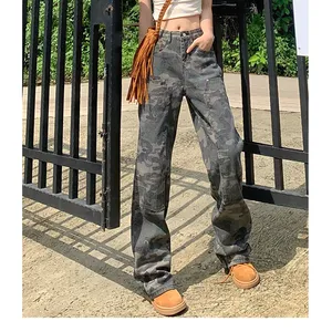 סיטונאי אופנה מזדמן רחב רגל ישר רגל תחיית רוק ג 'ינס נשים מכנסיים מטען