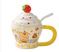 Tasse en céramique ONEIN écologique avec couvercle et paille, motif animal mignon, pour café/lait à la maison - Cadeau d'anniversaire