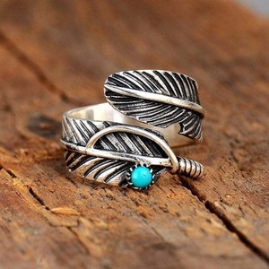 Anello Aperto Vintage con Piuma, Unisex, con Pietra Turchese, Stile Boho, Gioiello da Dito alla Moda - Product Image 1