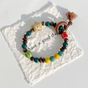 Bracelet en céramique de Jingdezhen de style chinois, perlé, artistique, fait main, vintage, motif étoiles et soleil, bijou cadeau national - Product Image 3