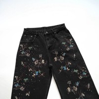 Jean vintage noir à jambe droite, coupe ample, avec broderie de sequins, pour homme, style robuste et élégant