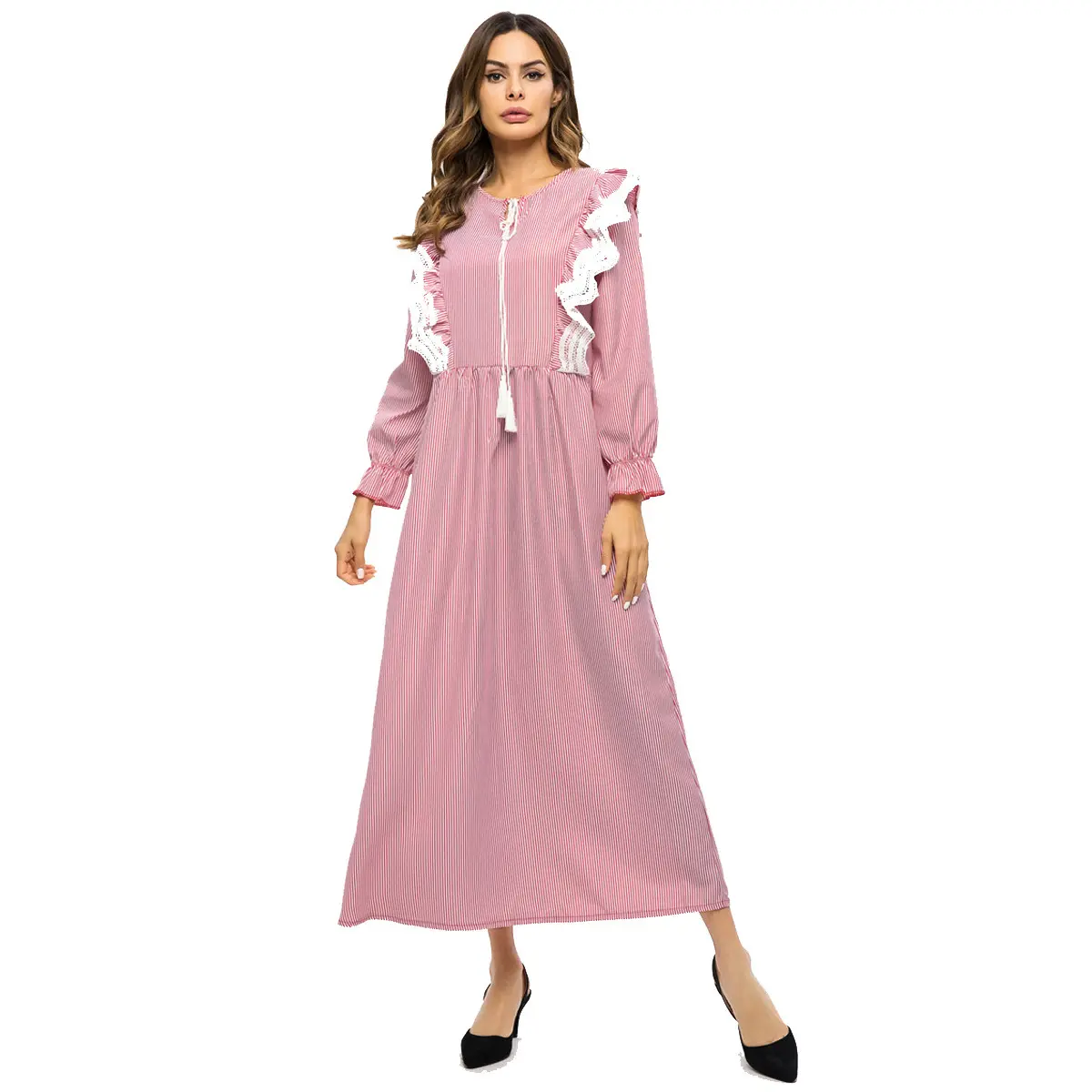 Long Sleeve Maxi Dress For Muslim Women Middle East Arab Dress Tassel Summer Wrap dress Agaric Lace Striped