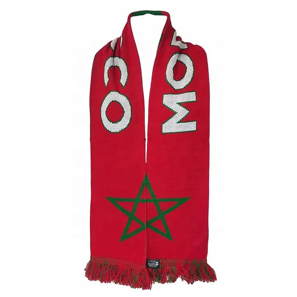 2023 Giá Rẻ Tùy Chỉnh Jacquard Dệt Acrylic Dệt Kim Morocco Fan Hâm Mộ Thể Thao Bóng Đá Khăn