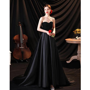 Zarif kolsuz siyah kız uzun süpürme tren akşam parti önlük Mermaid balo kıyafetleri - Product Image 4