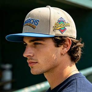 Casquette de baseball snapback OEM ODM <span class=keywords><strong>série</strong></span> <span class=keywords><strong>Atlanta</strong></span>, broderie 3D personnalisée, bicolore kaki et bleu, streetwear sport, 6 panneaux, vente en gros - Product Image 3