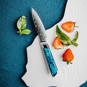 Cuchillo para Frutas <span class=keywords><strong>de</strong></span> 4 Pulgadas, 129 Capas <span class=keywords><strong>de</strong></span> Acero Damasco Japonés, Cuchillos Pequeños para Pelar Frutas, Cuchillo <span class=keywords><strong>de</strong></span> Chef para Cortar con Mango <span class=keywords><strong>de</strong></span> Resina Azul - Product Image 1