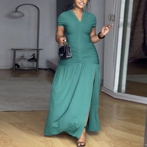 J1587 Abito Estivo Trendy da Donna, Vestito Lungo Casual con Scollo a V, Maniche Corte e Spacco, per Boutique di Abbigliamento Femminile - Product Image 2